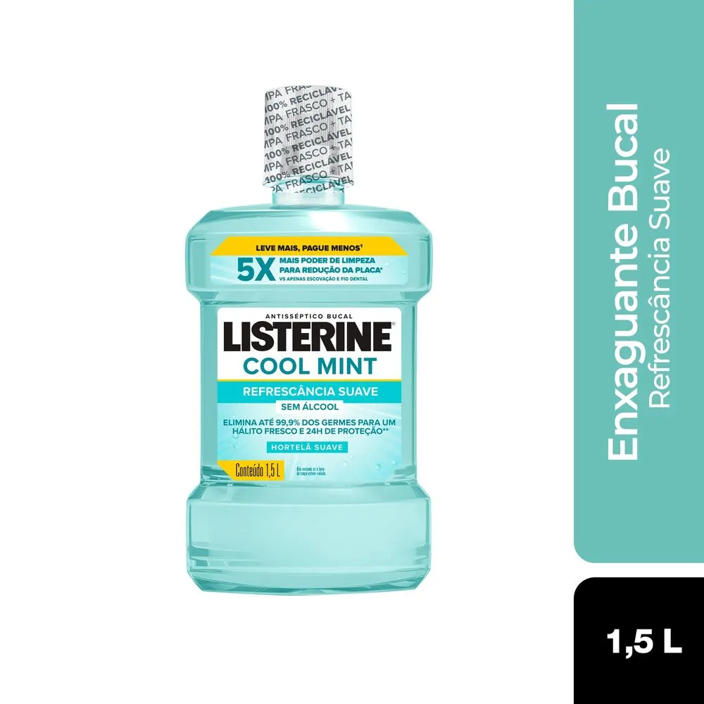 Antisséptico Bucal Listerine Cool Mint Refrescância Suave Zero Álcool Sabor Hortelã Suave 1,5 Litros