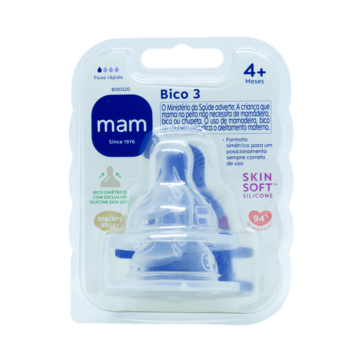 Bico para Mamadeira MAM Ortodôntico Fluxo Rápido Antivazamento +4 meses Silicone 2 Unidades