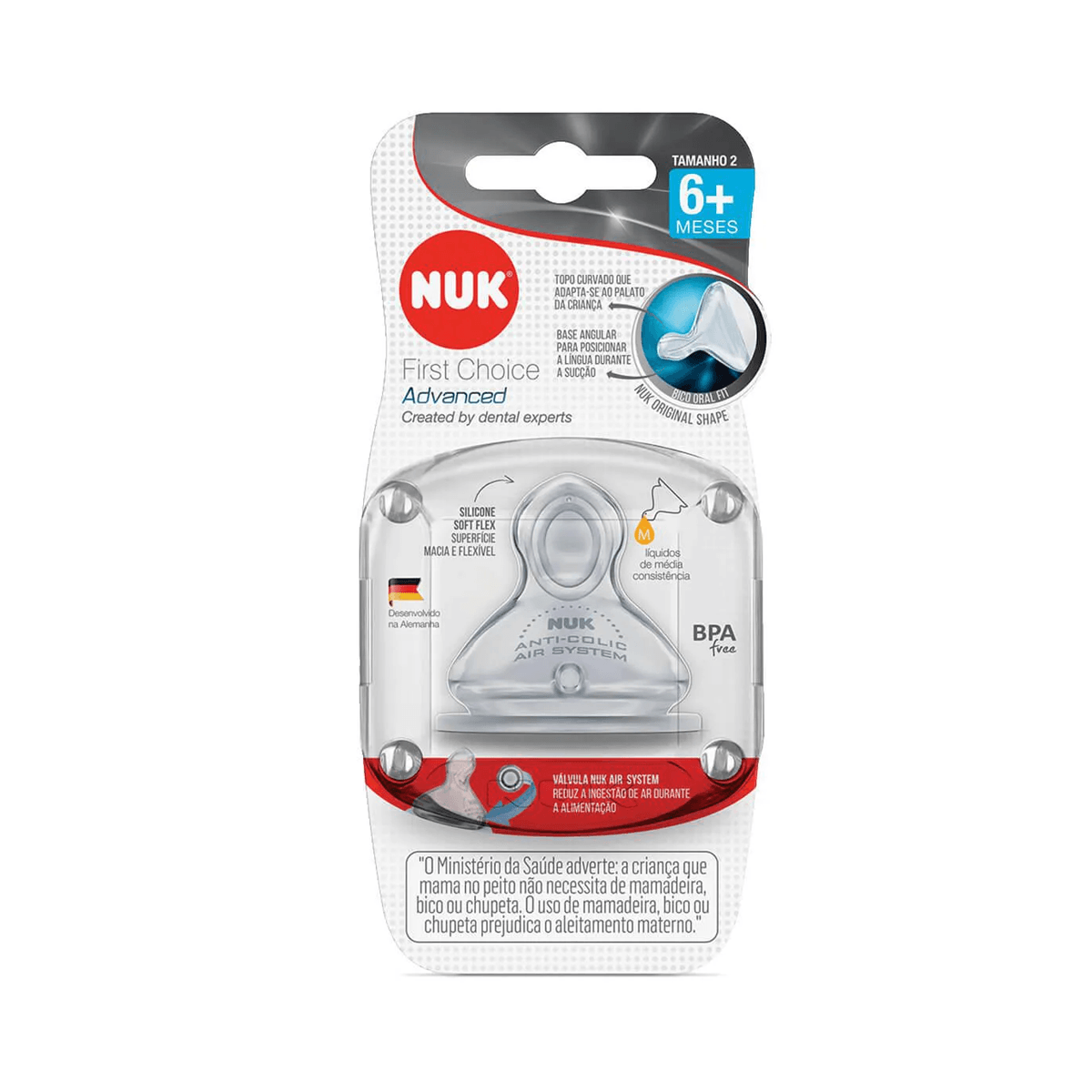 Bico para Mamadeira NUK First Choice Advanced +6 meses Anticólica Fluxo Médio Silicone Tamanho 2 1 Unidade