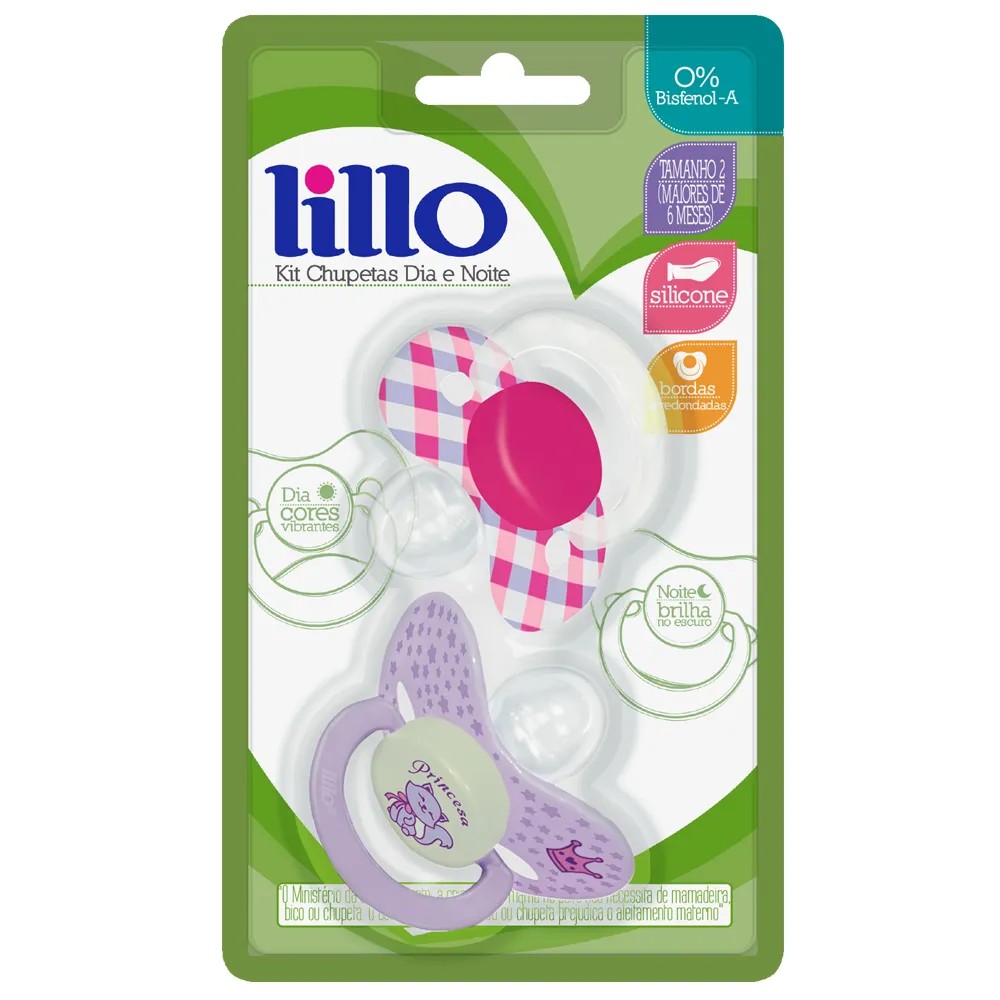 Chupeta Lillo Dia e Noite Ortodôntica +6 meses Brilha no Escuro Silicone Lilás Tamanho 2 2 Unidades