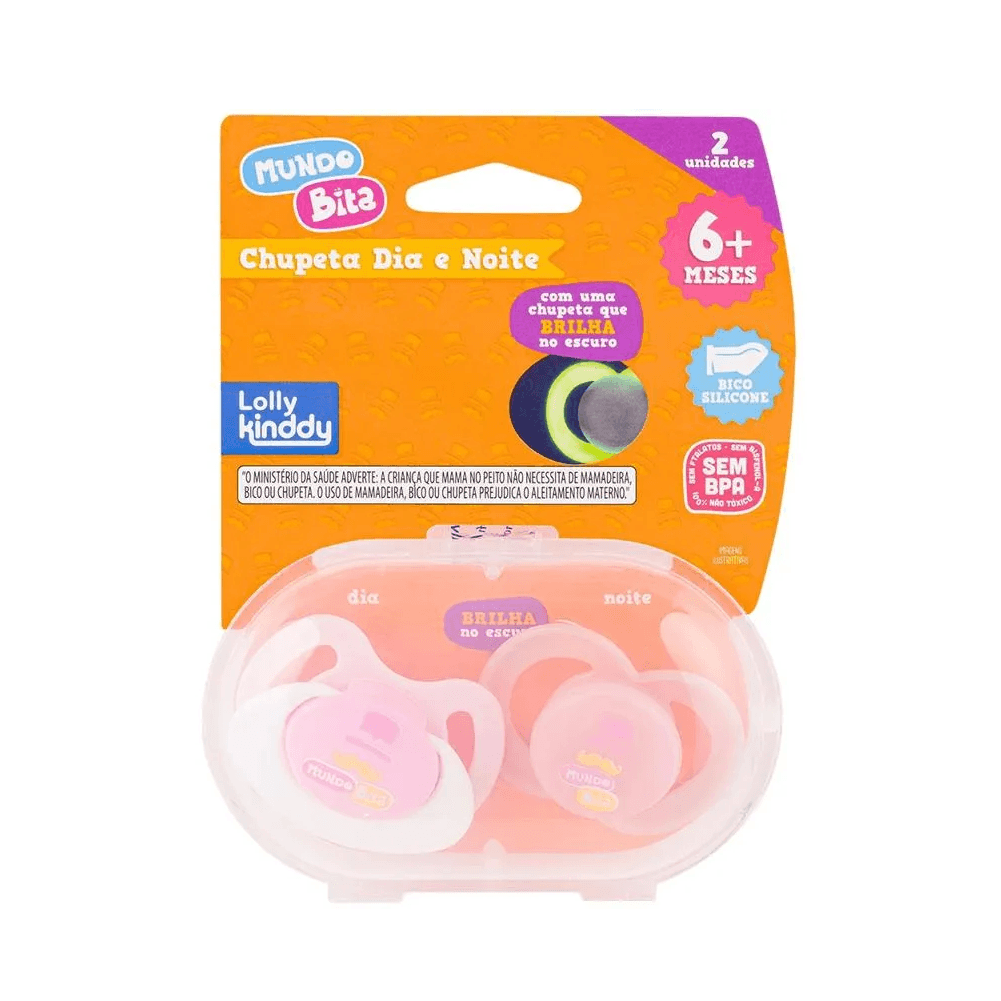 Chupeta Lolly Kinddy Dia e Noite Mundo Bita Ortodôntica +6 meses Rosa Tamanho 2 2 Unidades