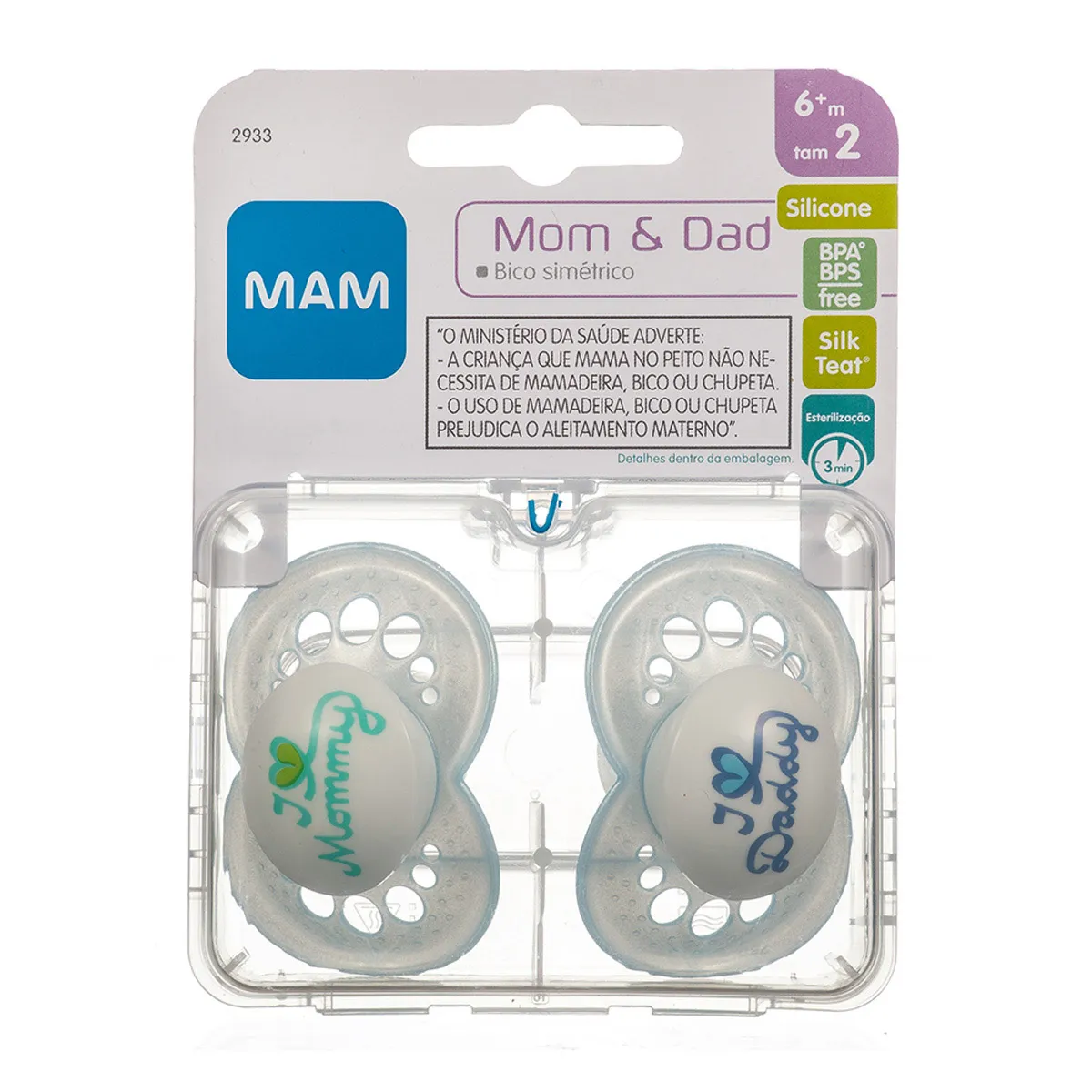 Chupeta MAM Mom & Dad Anatômica +6 meses Boy Silicone Azul Tamanho 2 2 Unidades + Estojo Esterilizável