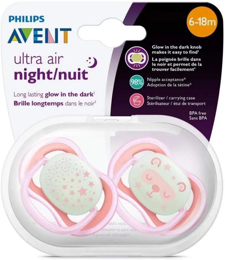 Chupeta Philips Avent Ultra Air Night de 6 a 18 meses Brilha no Escuro Silicone Rosa 2 Unidades