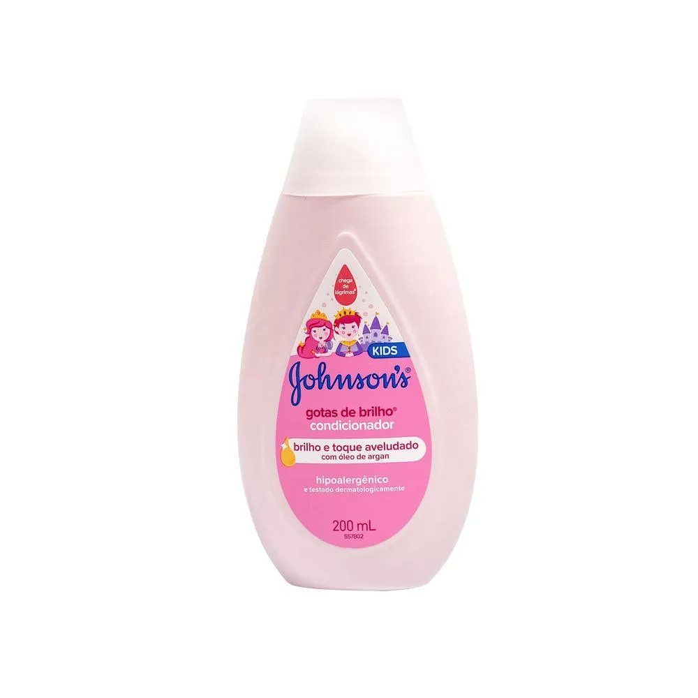 Condicionador Gotas de Brilho Johnson's Baby - embalagem de 200ml, com óleo de argan e proteínas da seda para brilho e macie