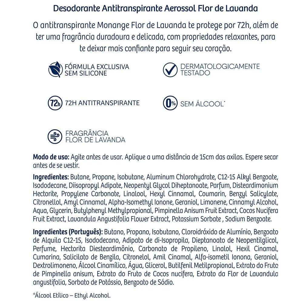 Desodorante Antitranspirante Monange Flor de Lavanda 72h Aerossol 150ml — foto 4