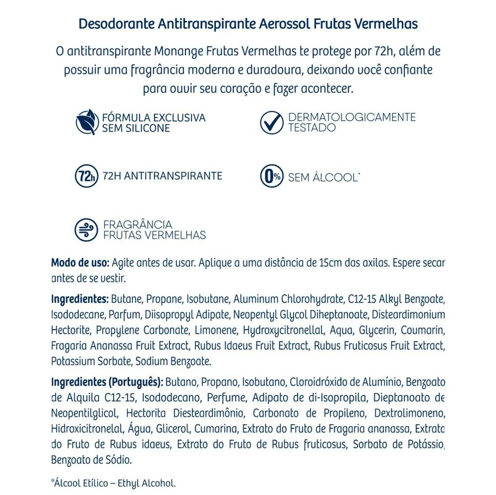 Desodorante Antitranspirante Monange Frutas Vermelhas 72h Aerossol 150ml — foto 4