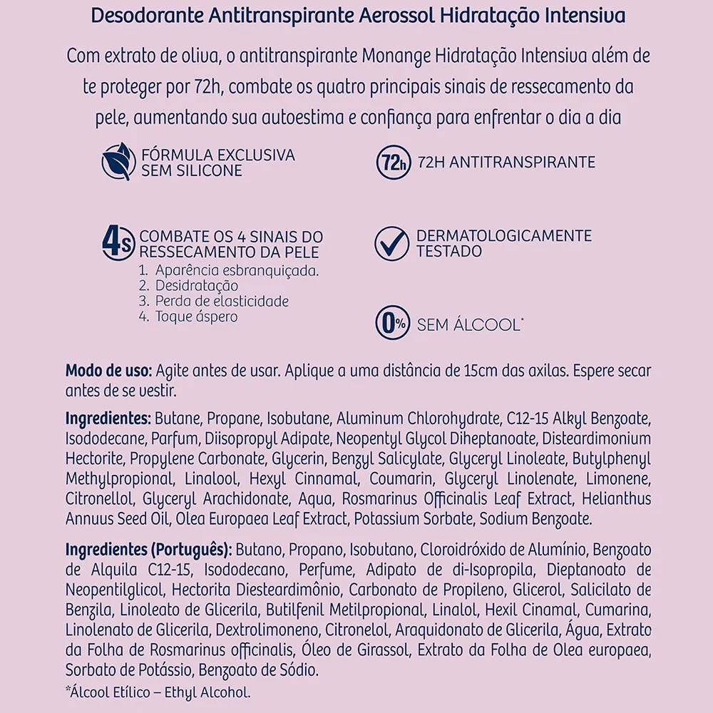 Desodorante Antitranspirante Monange Hidratação Intensiva 72h Aerossol 150ml — foto 4