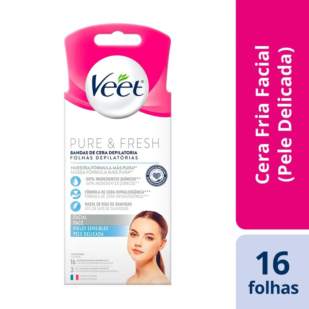 Folhas Depilatórias Veet Pure & Fresh Facial Pele Sensível 16 Unidades