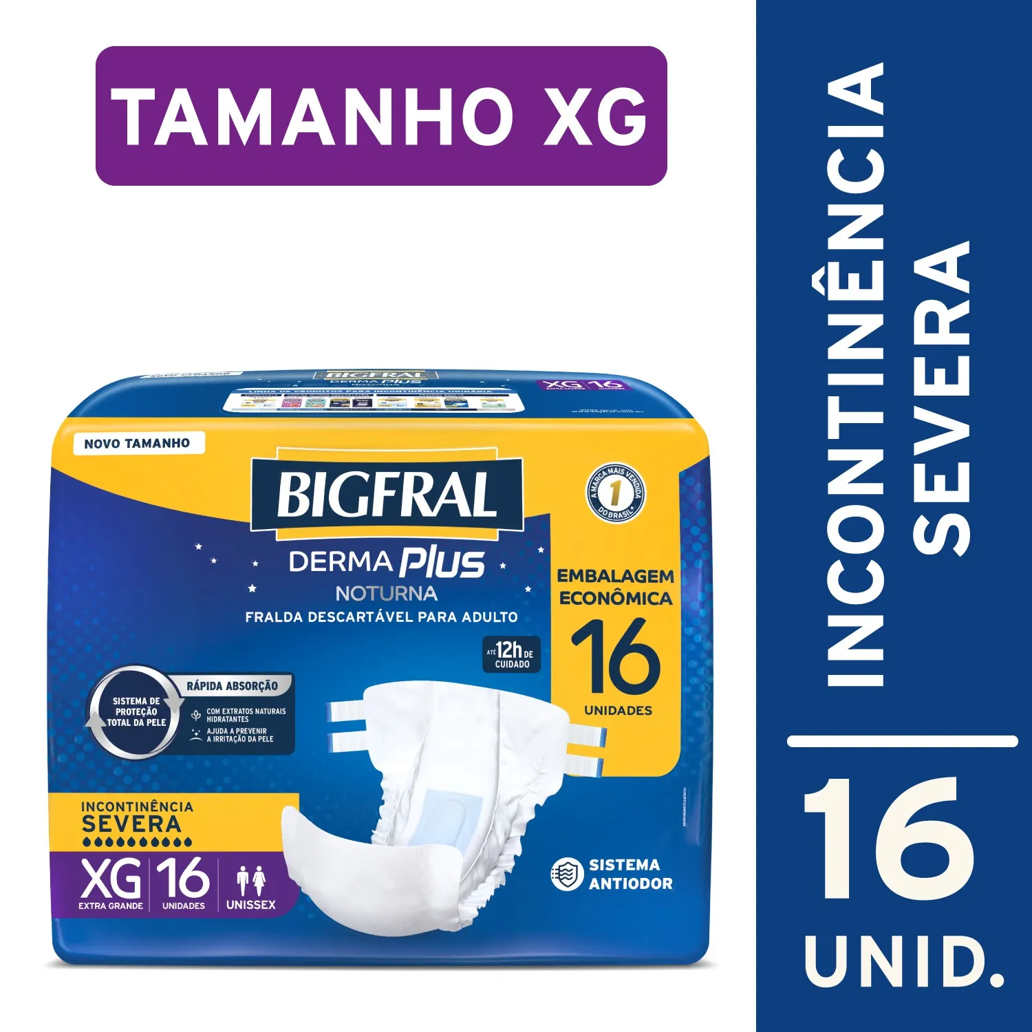 Fralda Geriátrica Descartável Bigfral Derma Plus Noturna Incontinência Urinária Severa XG 16 Unidades