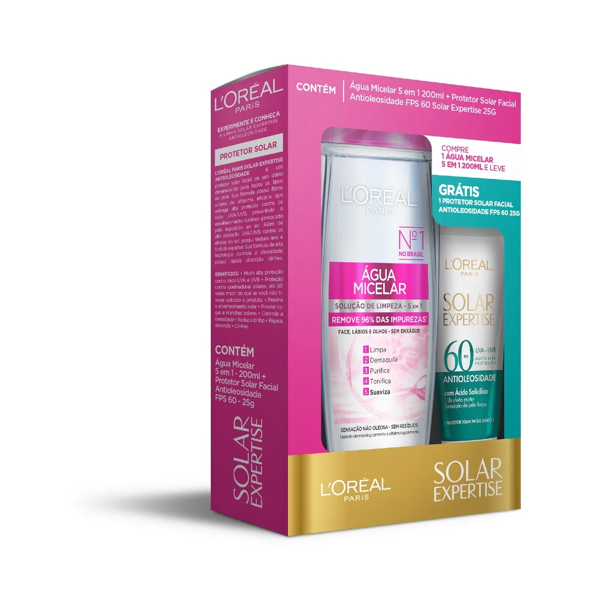 Kit Água Micelar L'Oréal Paris 200ml 1 Unidade + Protetor Solar Facial L'Oréal Paris Solar Expertise Antioleosidade FPS 60 25g 1 Unidade