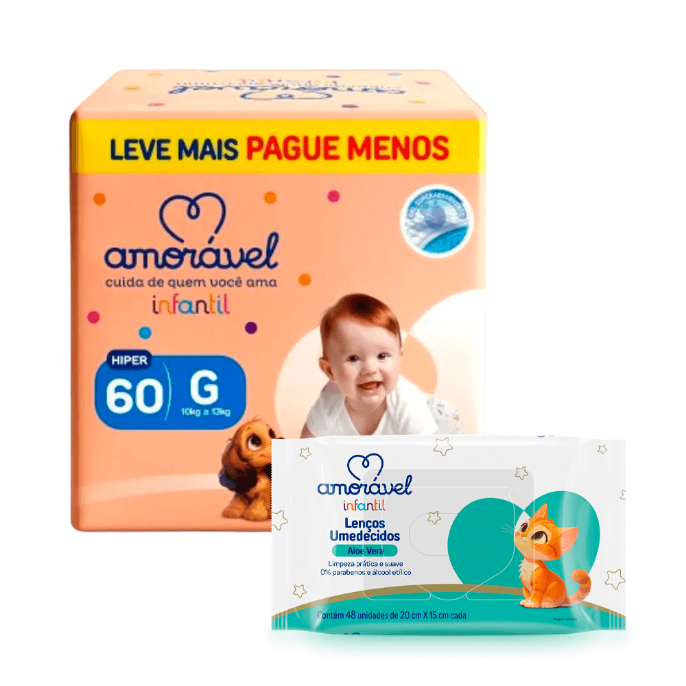 Kit Amorável Fralda Amorável Basic G 60 Uni + Lenço Umedecido Amorável Baby Aloe Vera 48 Uni