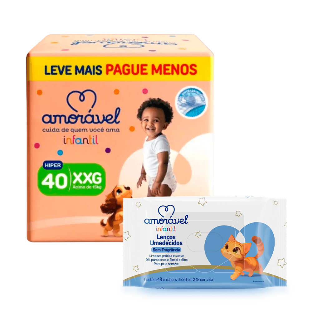 Kit Amorável Fralda Basic XXG 40 Unidades + Lenços Umedecidos Baby Sem Fragrância 48 Unidades