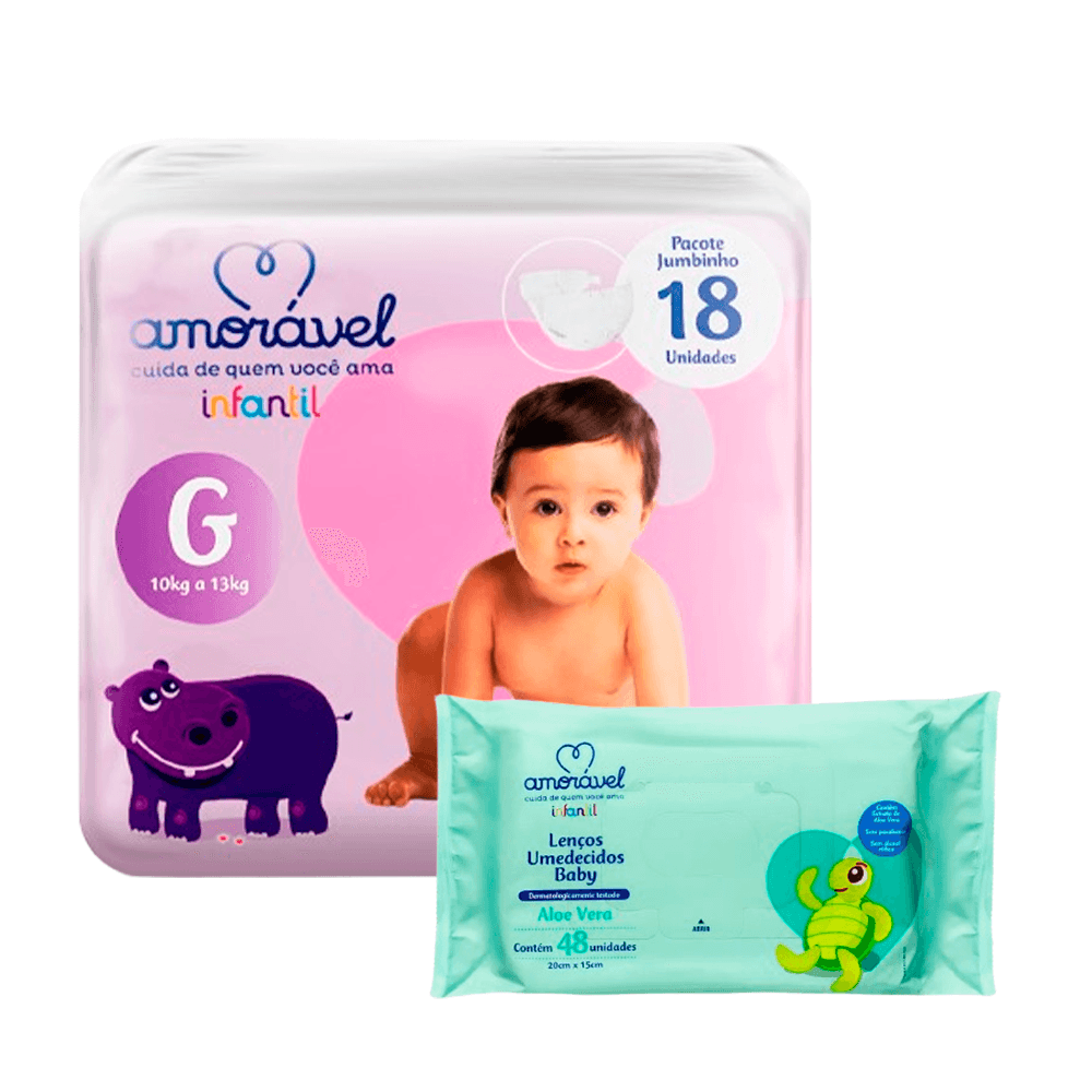 Kit Amorável Fralda G 18uni + Lenço Umedecido Baby Aloe Vera 48uni