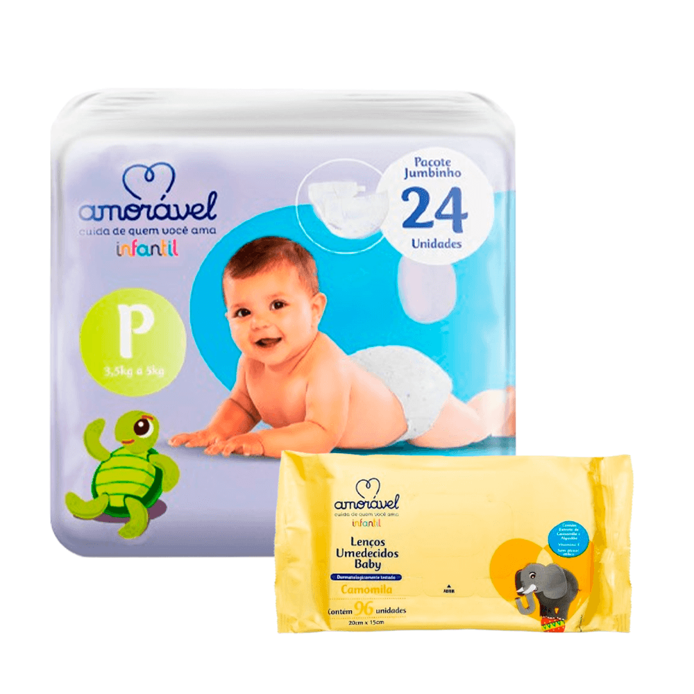 Kit Amorável Fralda P 24uni + Lenço Umedecido Baby Camomila 48uni