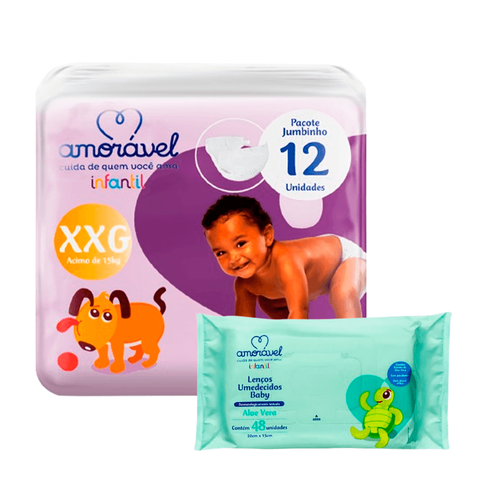 Kit Amorável Fralda XXG 12uni + Lenço Umedecido Baby Aloe Vera 48uni