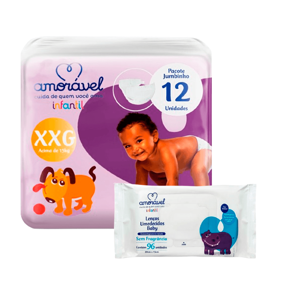 Kit Amorável Fralda XXG 12uni + Lenço Umedecido Baby Sem Fragrância 48uni