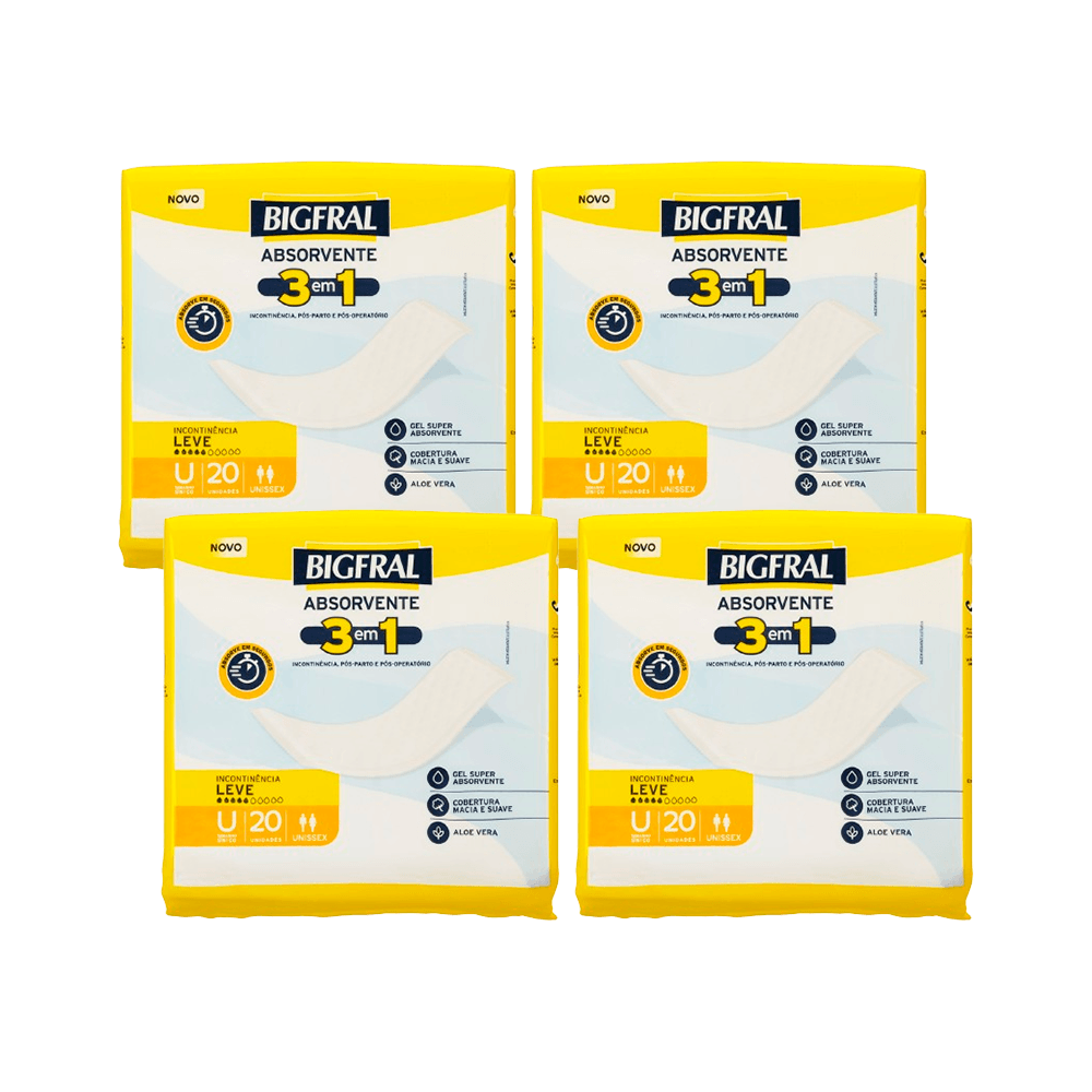 Kit Bigfral Absorvente Geriátrico 3 em 1 Cobertura Macia Suave Sem Abas Fluxo Leve Tamanho Único 4 Pacotes 20 Unidades Cada