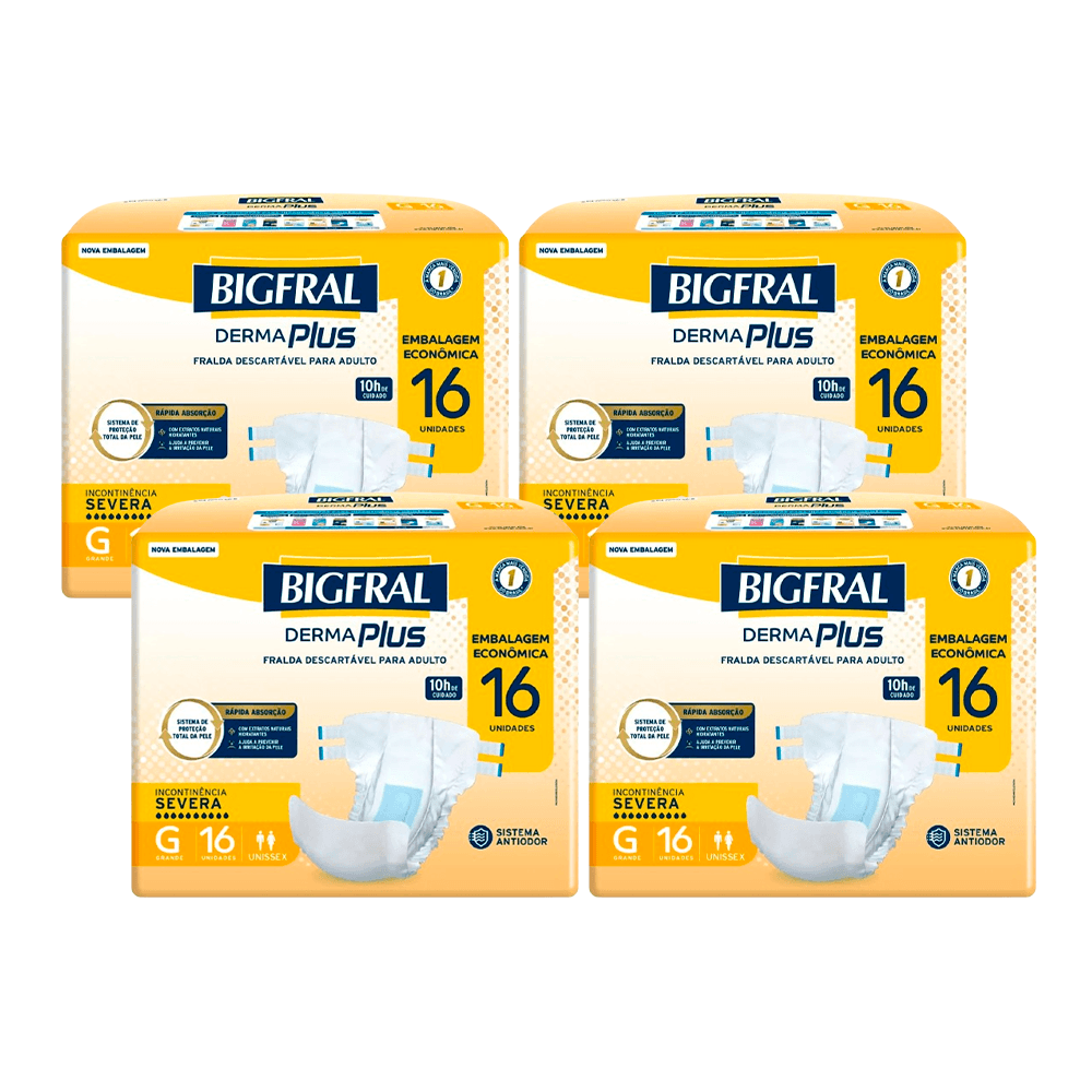 Kit Bigfral Fralda Geriátrica Descartável Derma Plus Incontinência Urinária Severa G 4 Pacotes 16 Unidades Cada