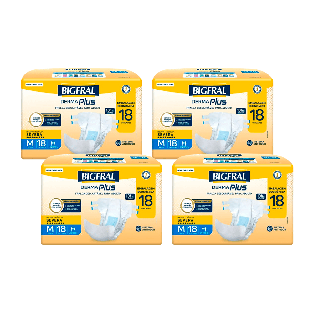 Kit Bigfral Fralda Geriátrica Descartável Derma Plus Incontinência Urinária Severa M 4 Pacotes 18 Unidades Cada