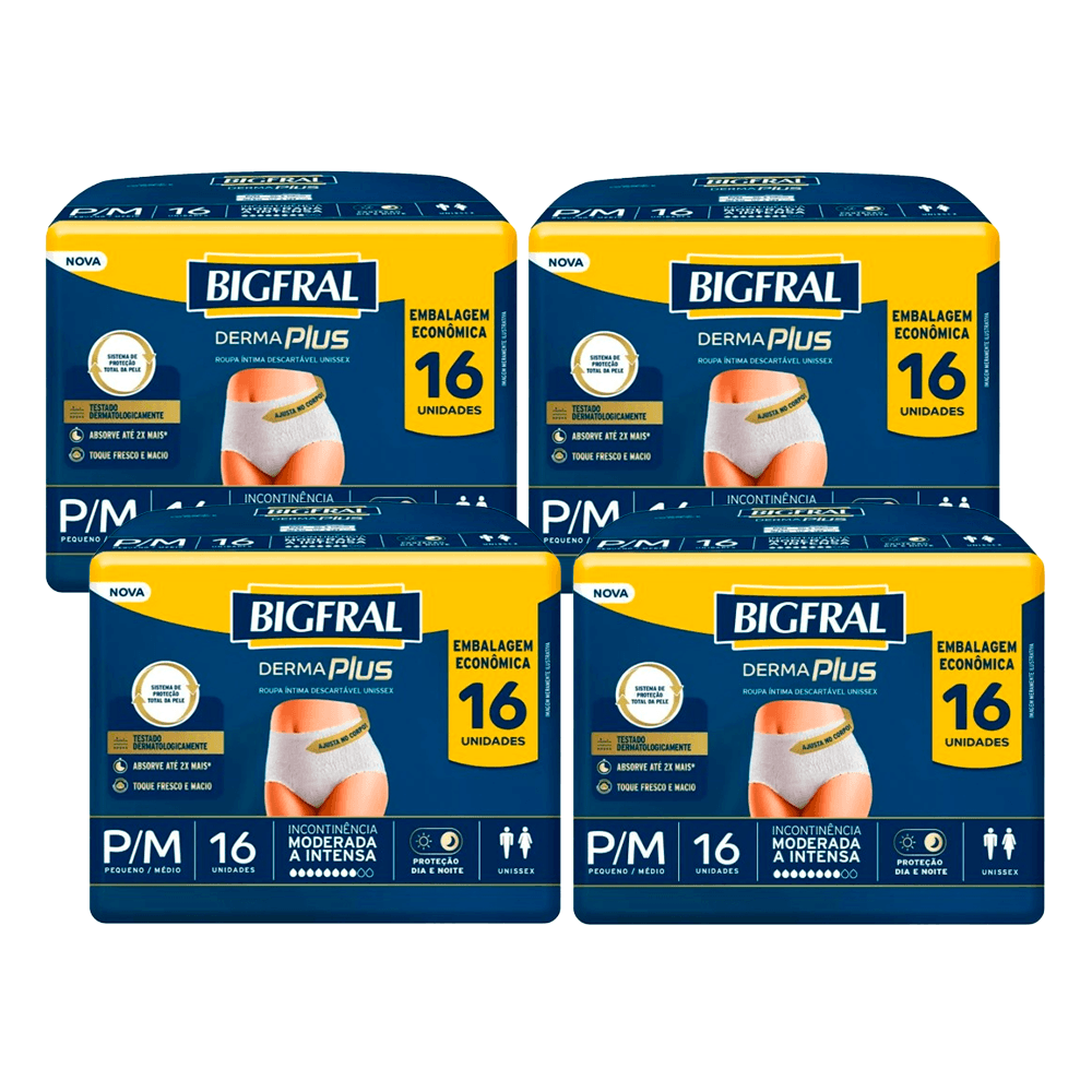 Kit Bigfral Roupa Íntima Descartável Derma Plus Incontinência Urinária Moderada a Intensa P/M 4 Pacotes 16 Unidades Cada