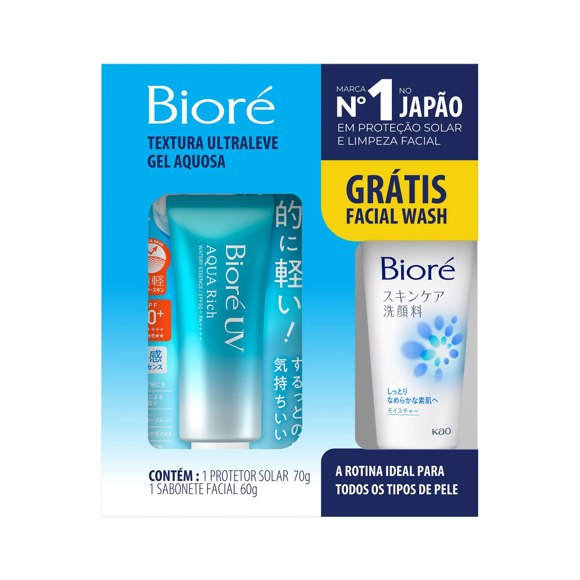 Kit Bioré Protetor Solar Uv Aqua Rich Fps50 70g + Sabonete Facial Wash 60g