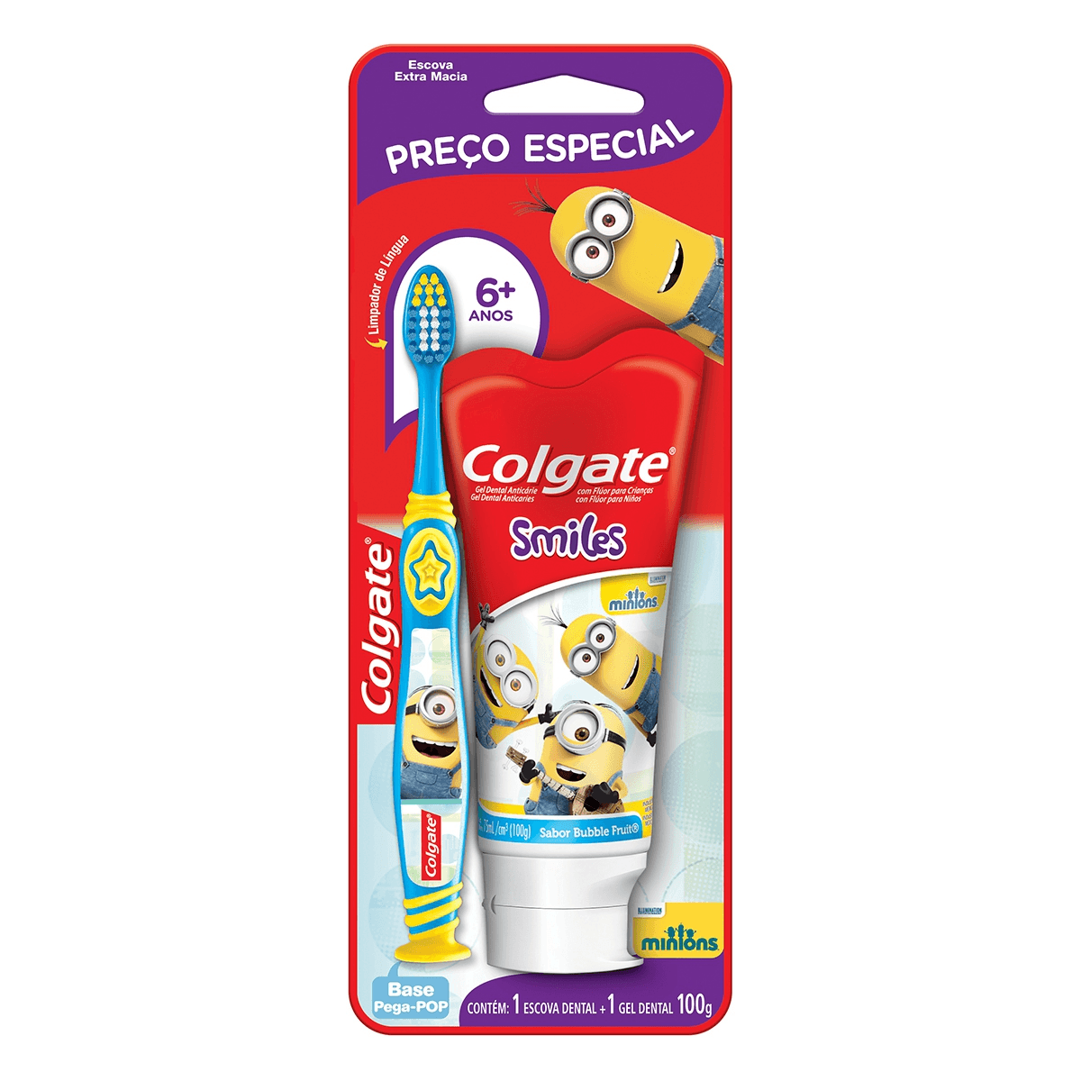 Kit Colgate Minions Escova Dental Infantil +6 anos 1 Uni + Creme Dental Infantil Smiles Sabor Bubble Fruit 100g 1 Uni