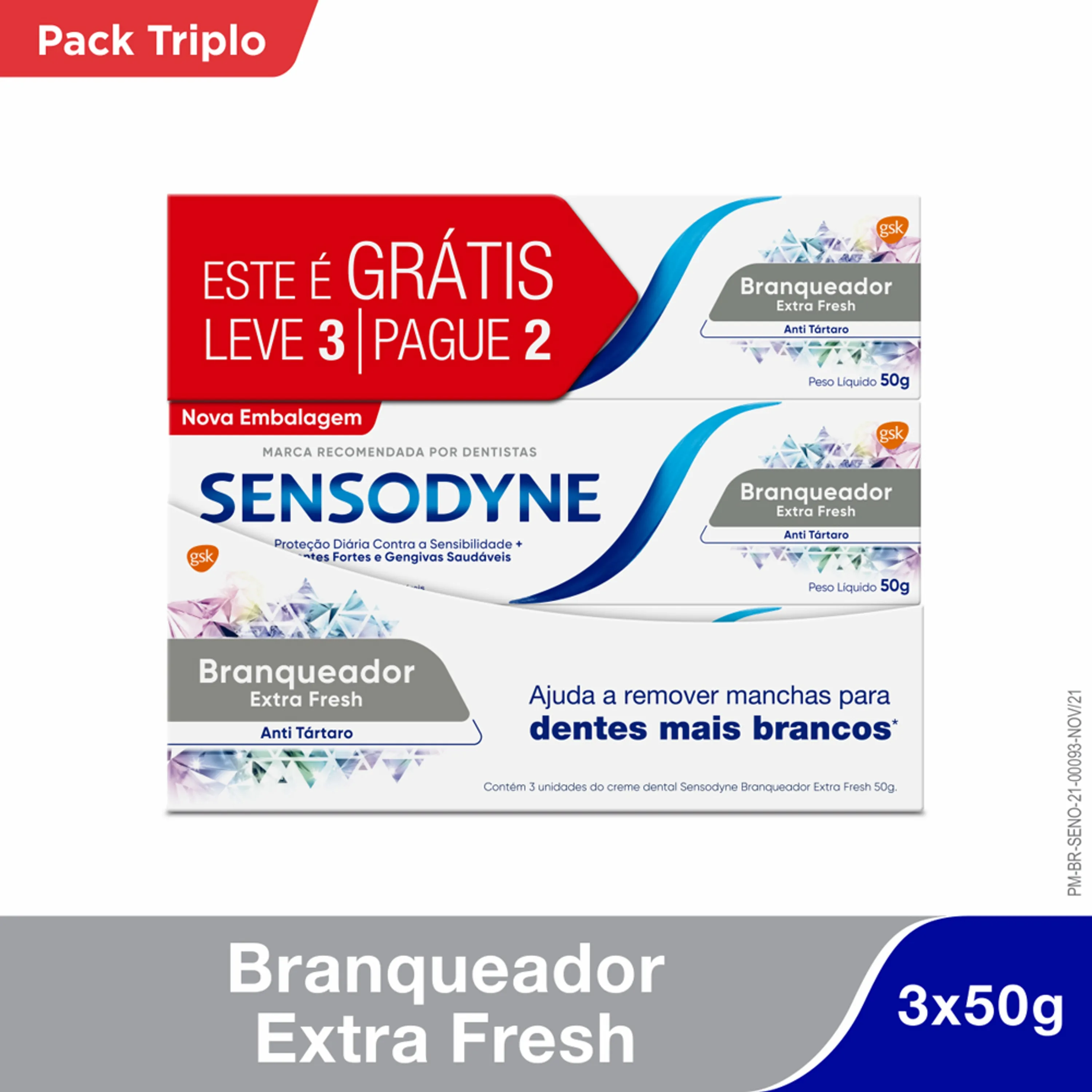 Kit Creme Dental Sensodyne Branqueador Extra Fresh Anti Tártaro para Dentes Sensíveis 50g 3 Unidades