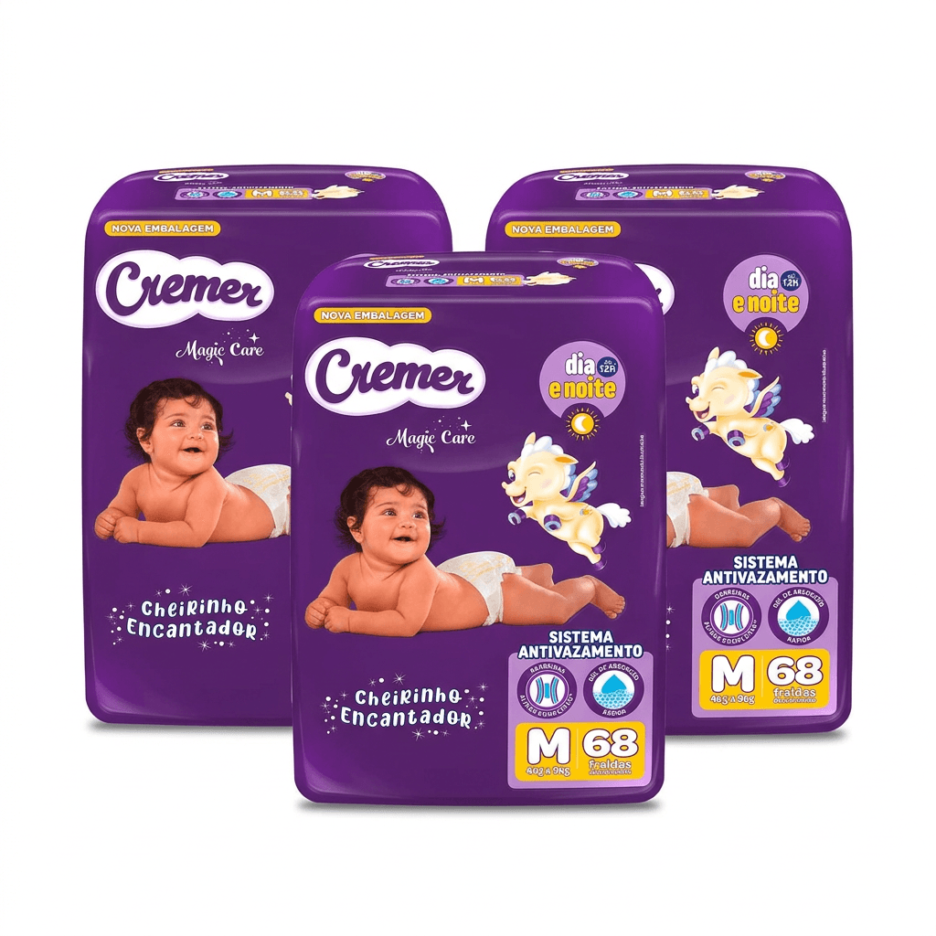 Kit Cremer Magic Care Dia e Noite Fralda Descartável M 3 Pacotes 68 Uni Cada