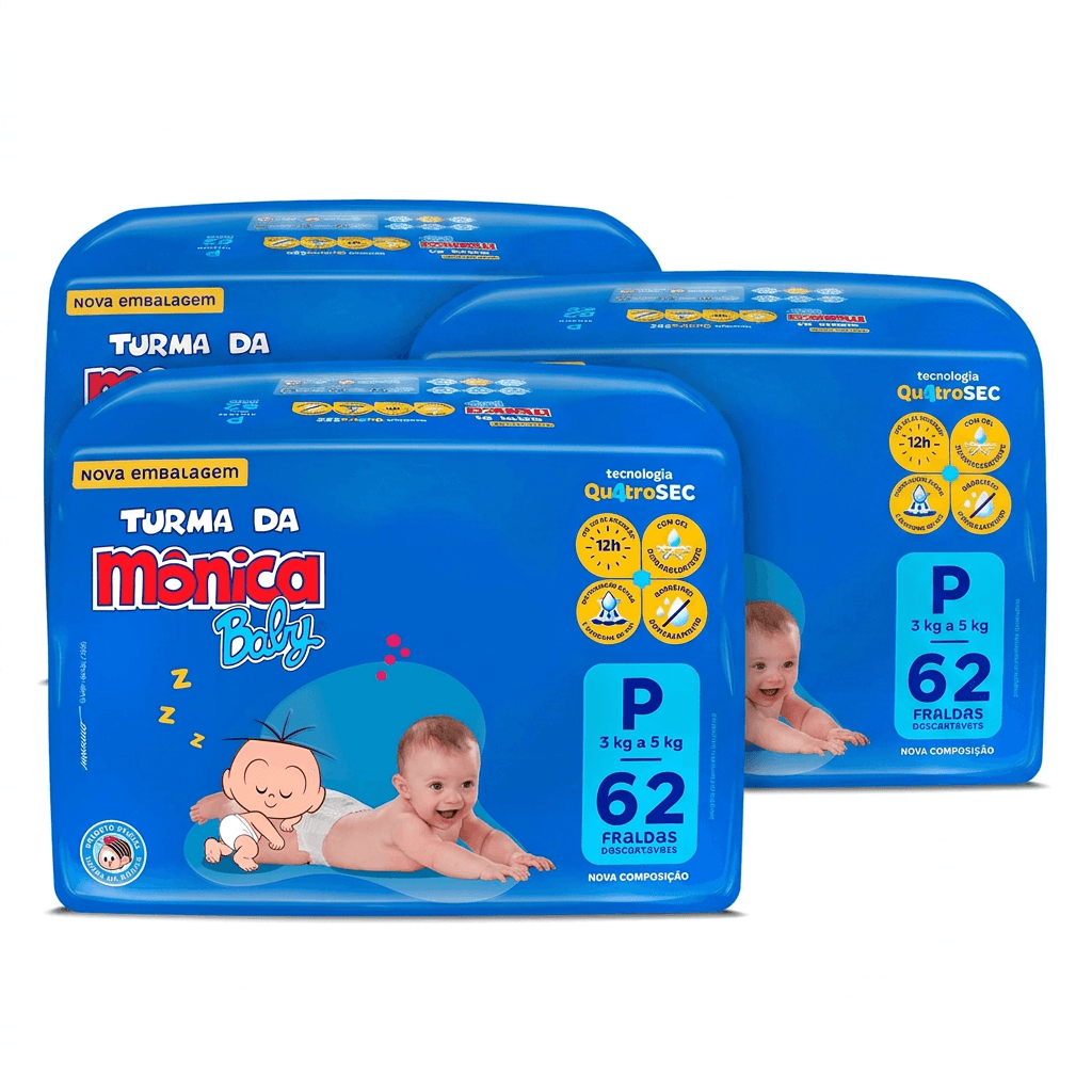 Kit Cremer Turma da Mônica Baby Fralda Descartável Mega P 3 Pacotes 62 Uni Cada