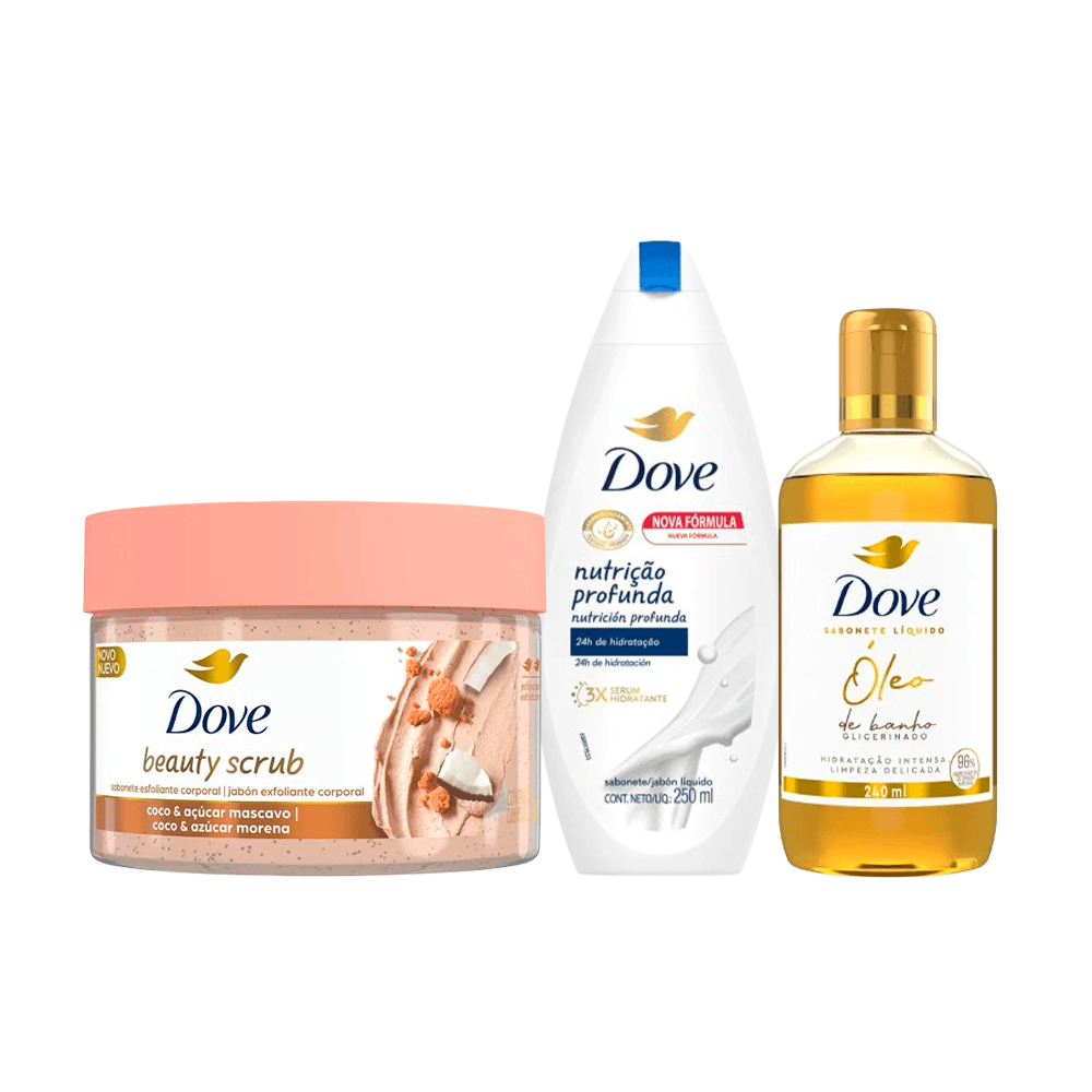 Kit Dove Banho Sabonete Esfoliante Coco Beauty Scrub 280g + Sabonete Líquido Óleo de Banho 240ml + Sabonete Líquido Nutrição 250ml