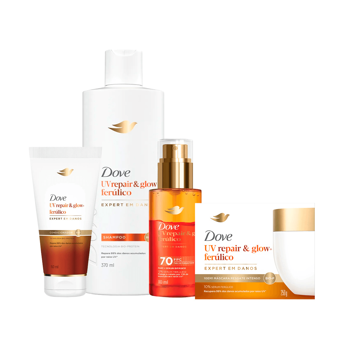Kit Dove UV Repair Glow Shampoo 370ml + Óleo e Sérum Bifásico Spray 110ml + Máscara de Resgate Intenso 250g + Condicionador 250ml