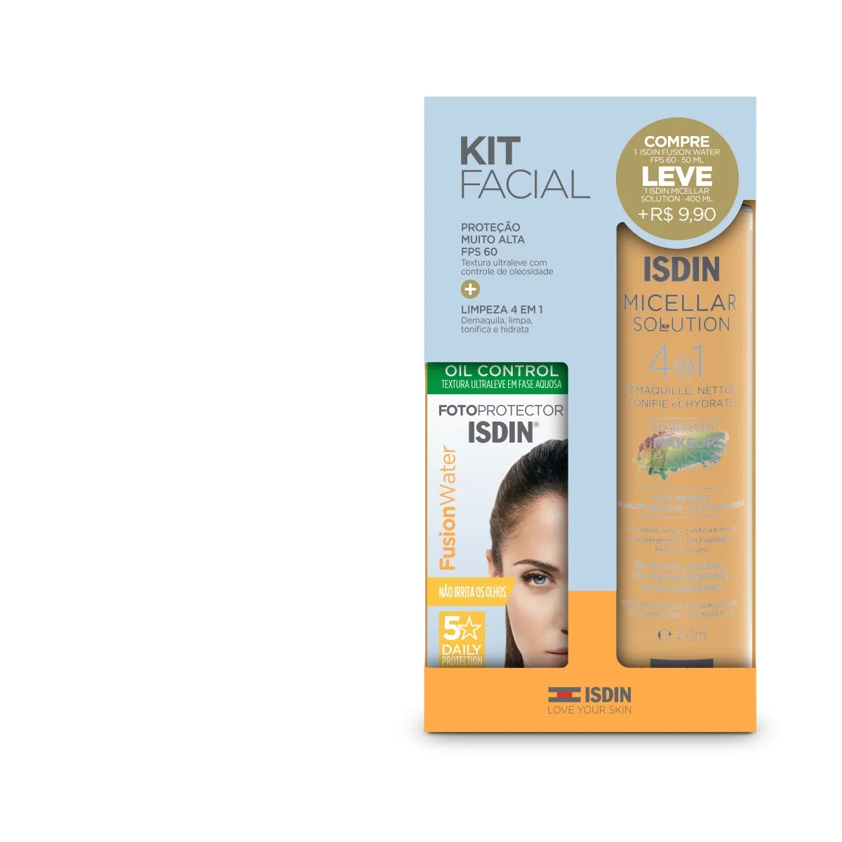Kit Facial Isdin Fusion Water E Micellar + Protetor Solar Facilal Sem Cor Fps50