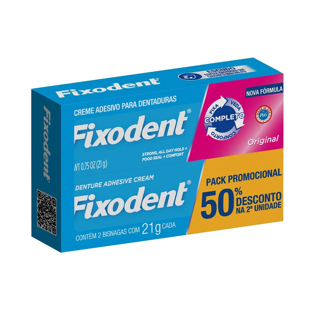 Kit Fixador De Dentaduras Fixodent Original 2 Uni 21g Cada 50% De Desconto