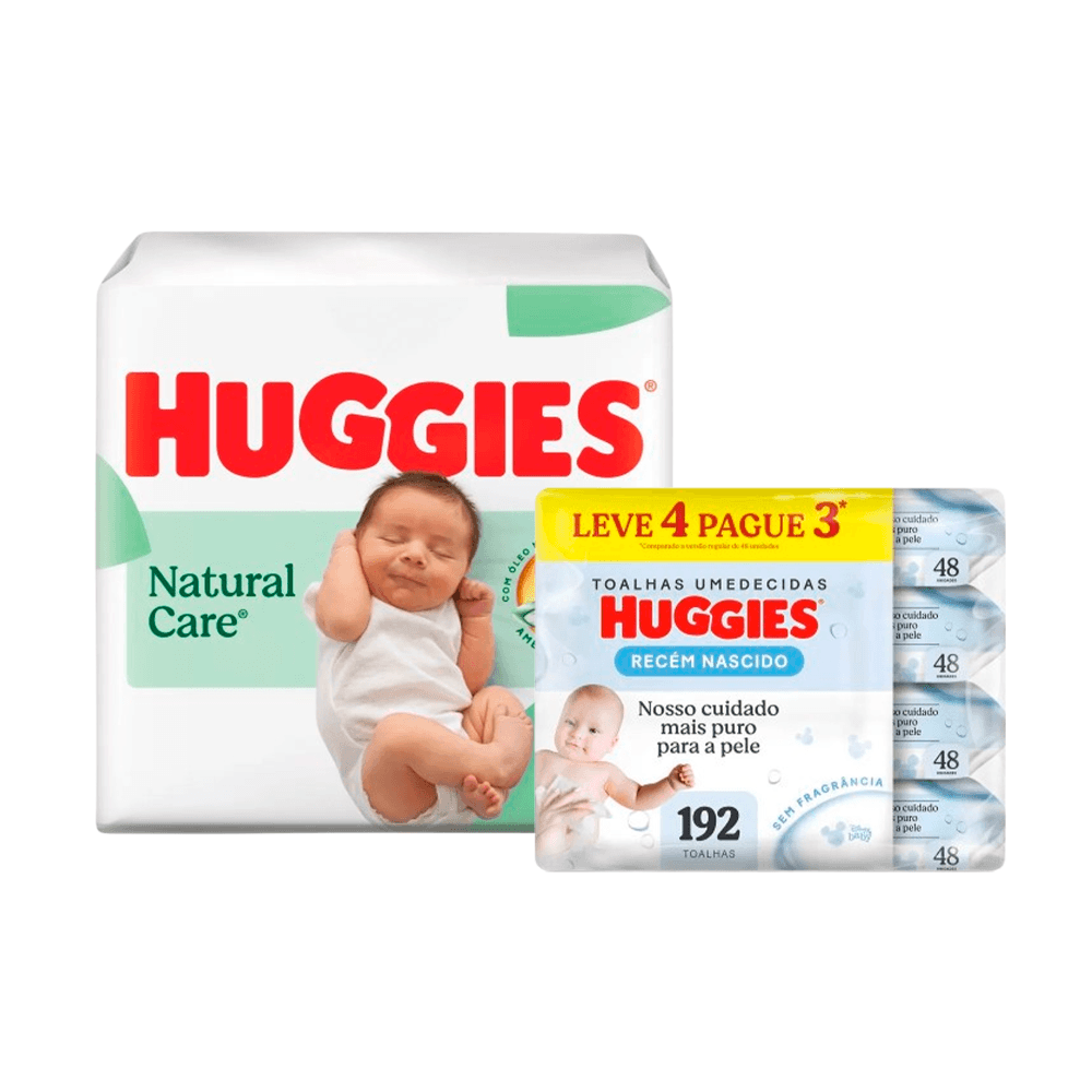 Kit Huggies Fralda Premium Natural Care Recém-Nascido 34 Unidades + Lenços Umedecidos RN Sem Fragrância 192 Unidades