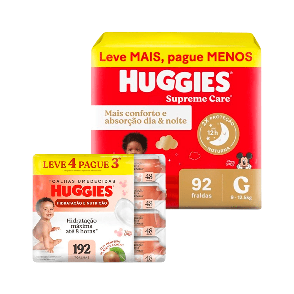 Kit Huggies Fralda Supreme Care G 92un + Lenço Umedecido Hidratação e Nutrição 192un