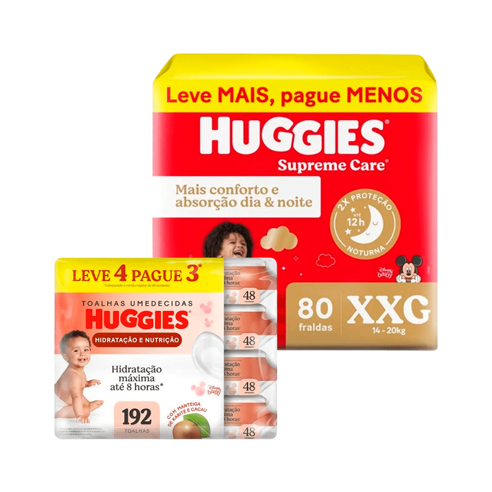 Kit Huggies Fralda Supreme Care XXG 80un + Lenço Umedecido Hidratação e Nutrição 192un