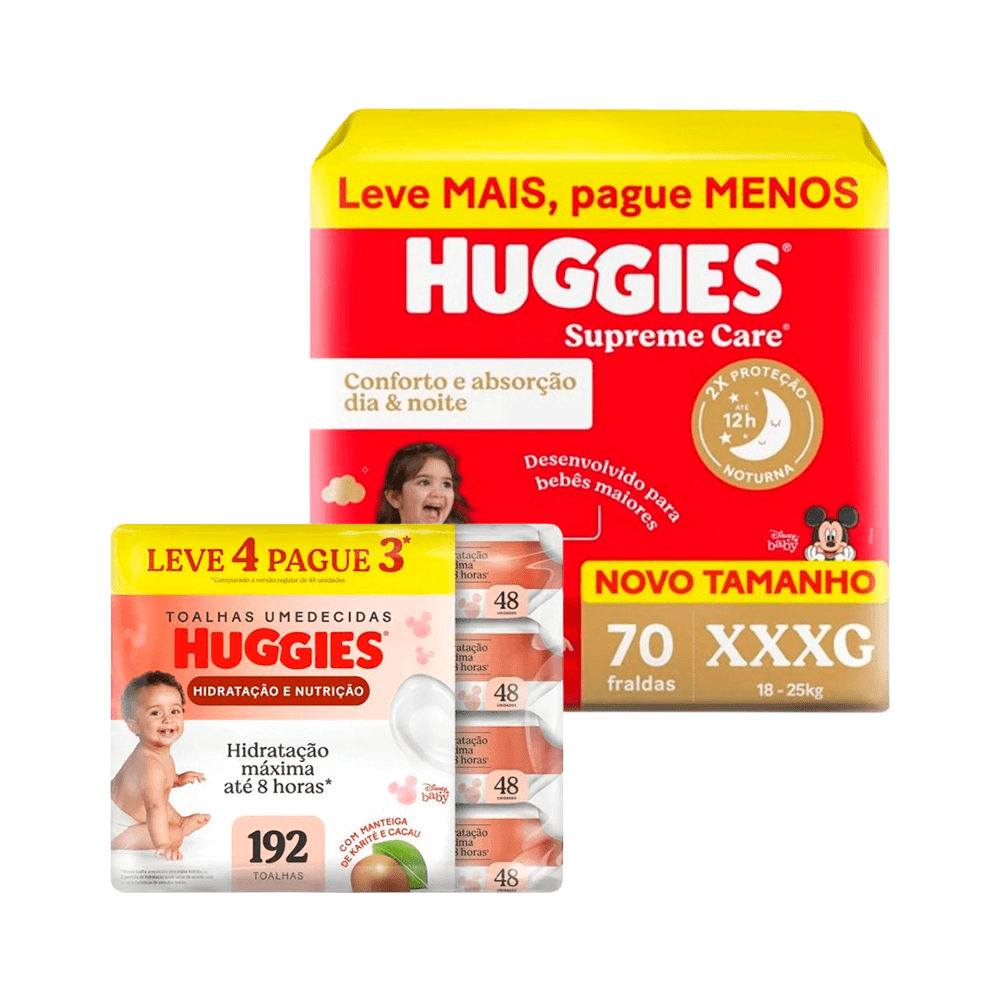 Kit Huggies Fralda Supreme Care XXXG 70un + Lenço Umedecido Hidratação e Nutrição 192un