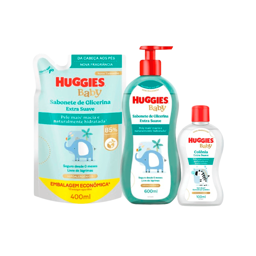 Kit Huggies Sabonete Líquido Extra Suave 600ml + Colônia Extra Suave 100ml + Sabonete Líquido Extra Suave Refil 400ml