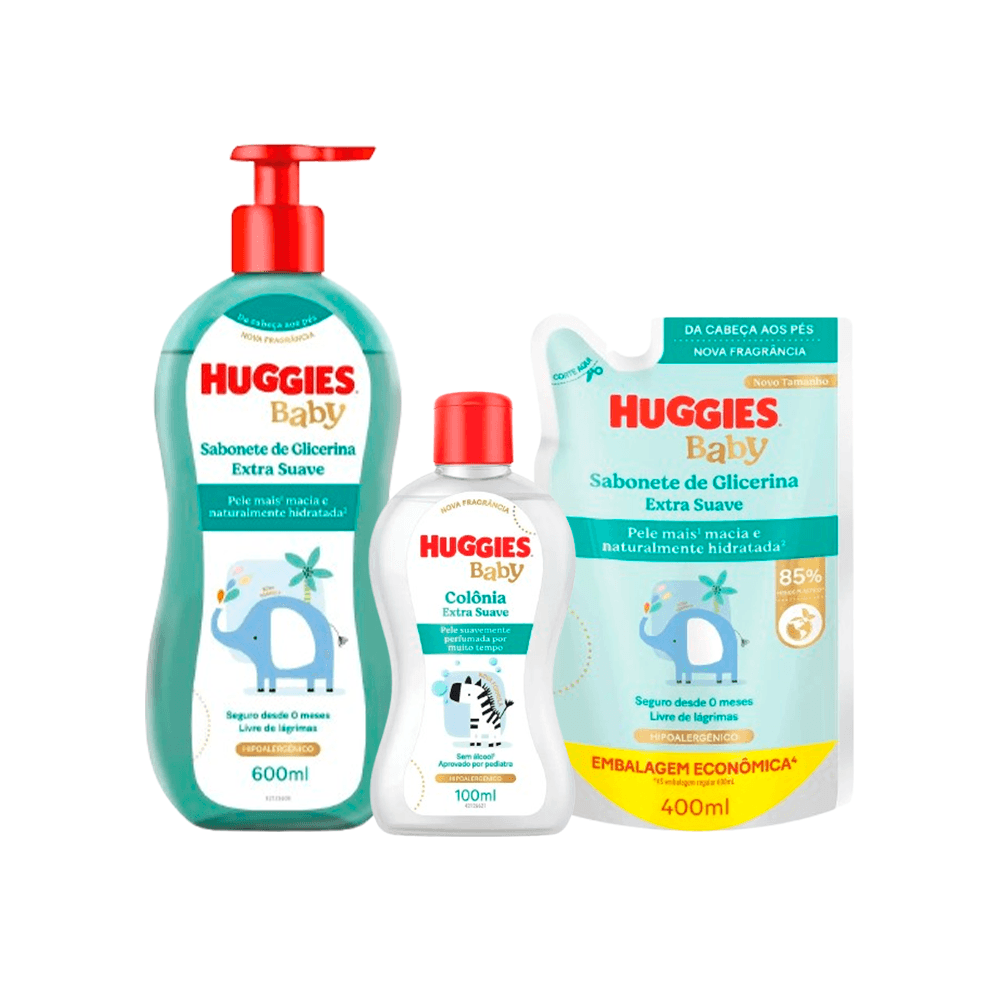 Kit Infantil Huggies Sabonete Liquido Extra Suave 600ml + Refil Sabonete Liquido 400ml + Colônia Suave 100ml
