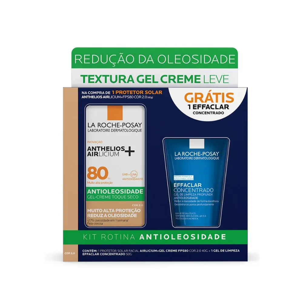 Kit La Roche-Posay Protetor Solar Facial Anthelios Airlicium+ FPS80 Cor 2,0 40g 1 Uni + Gel de Limpeza Effaclar Concentrado 50g 1 Uni