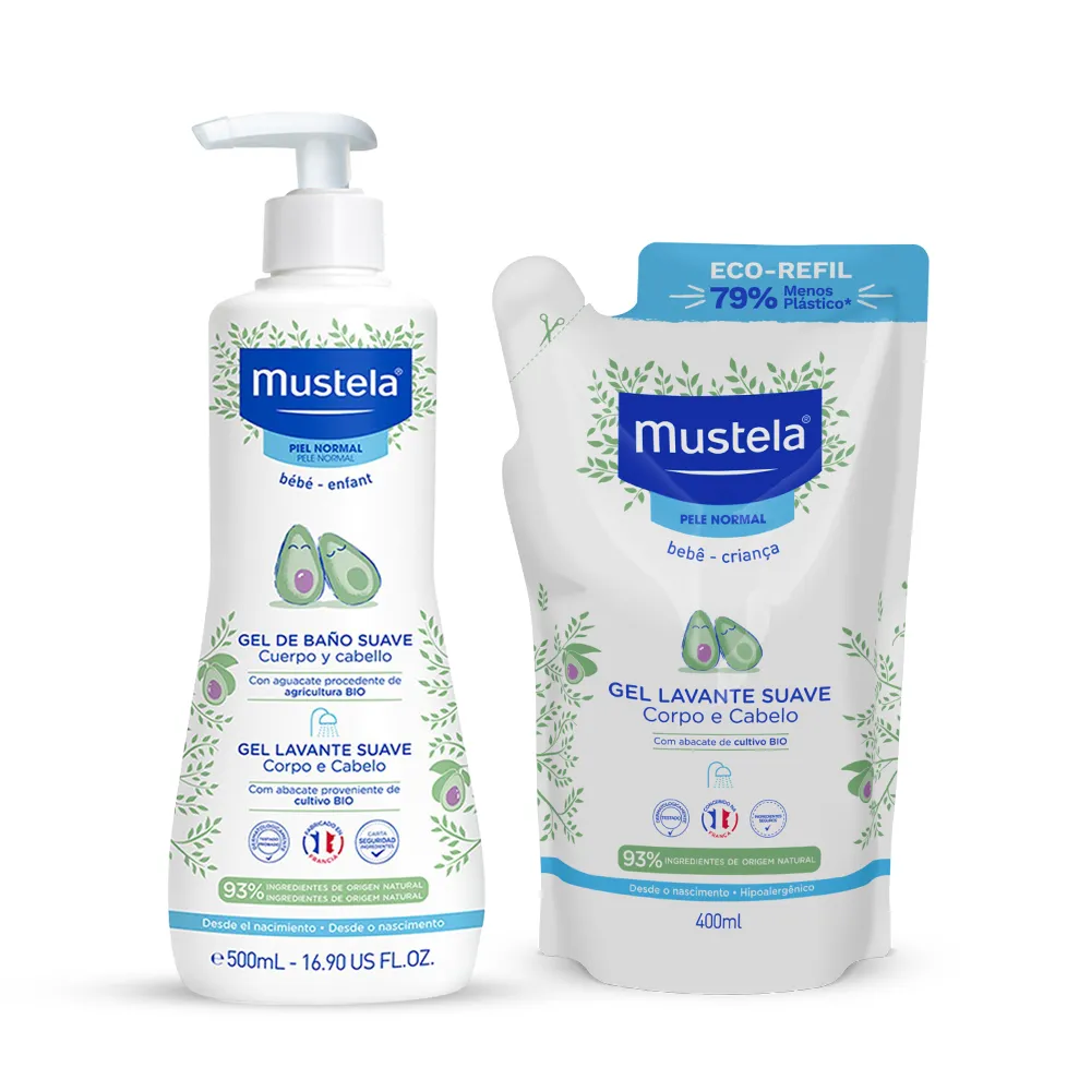 Kit Mustela Gel Lavante Bebê Suave com Abacate Orgânico 500ml + Gel Lavante Bebê Suave Corpo e Cabelo 400ml