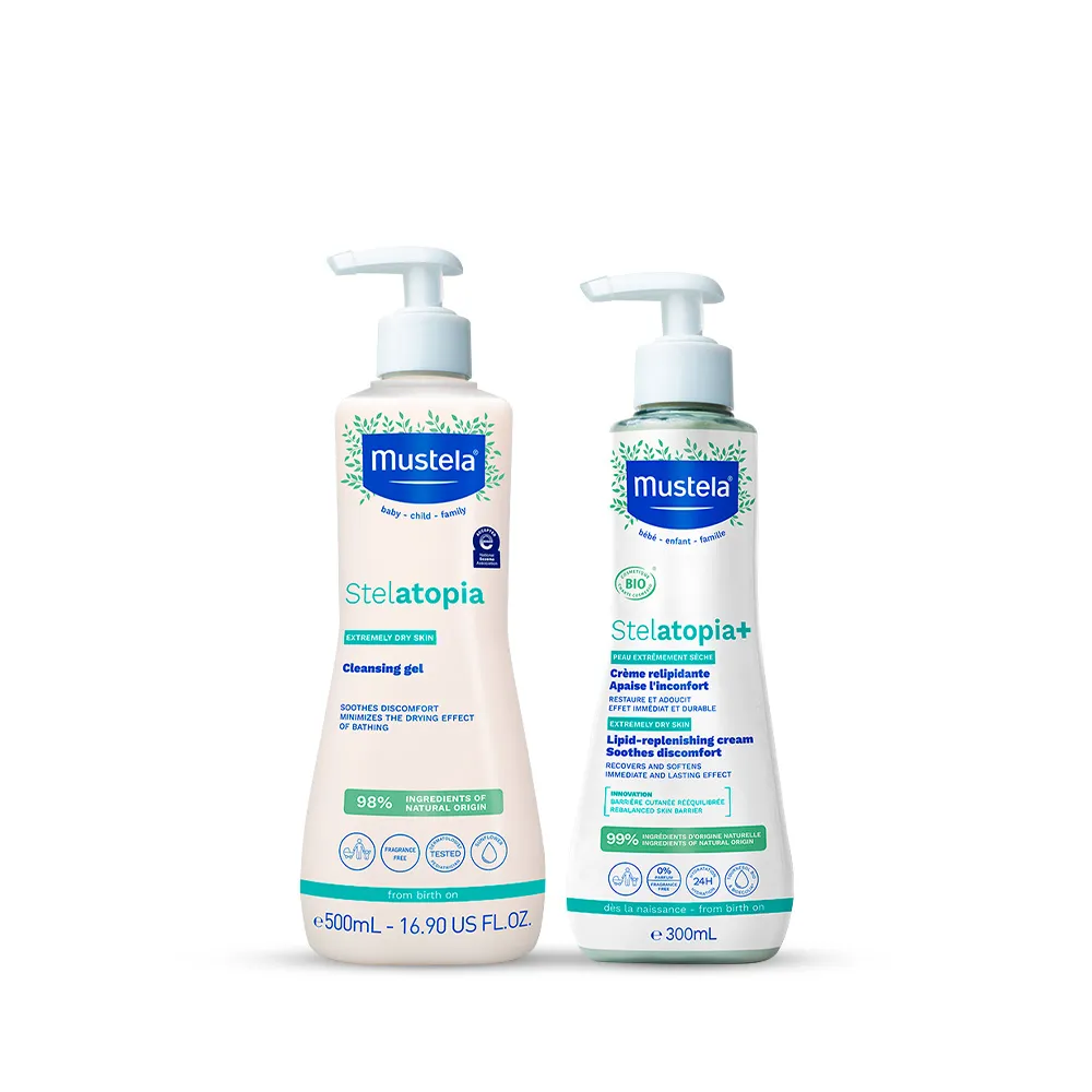 Kit Mustela Gel Lavante Stelatopia Bebê Sem Fragrância 500ml + Stelatopia+ Hidratante Relipidante Antiprurido 300ml