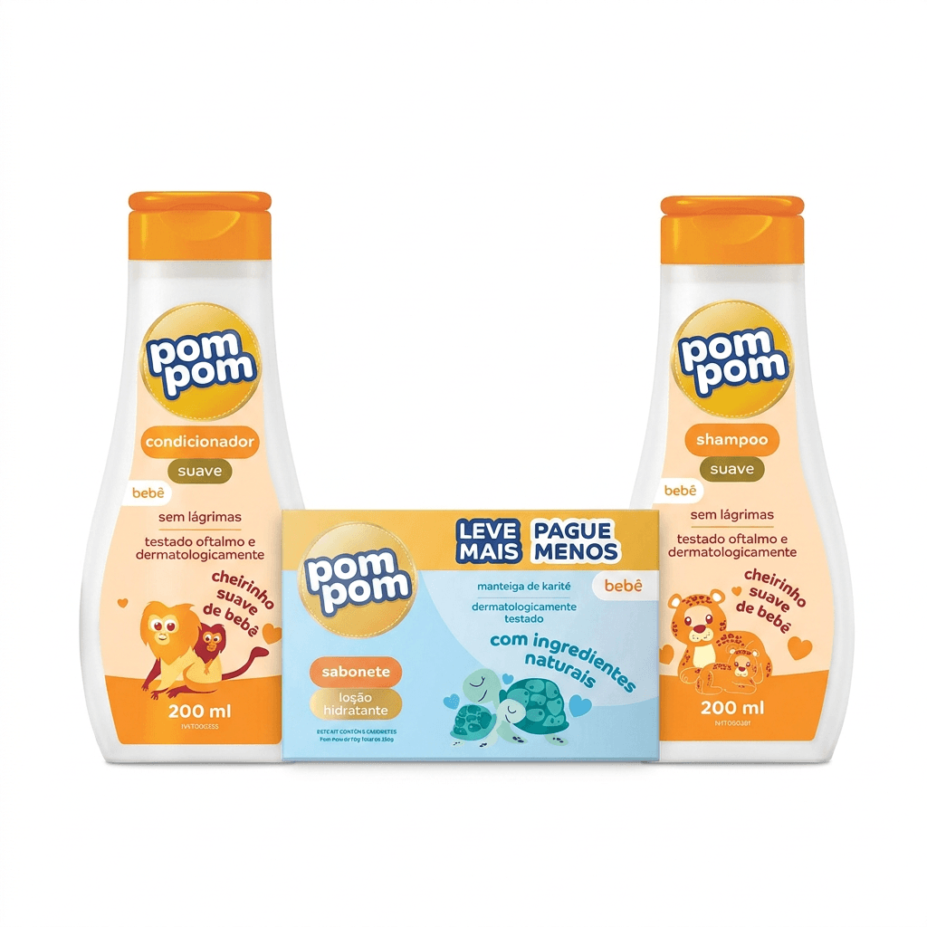 Kit Pom Pom Banho Suave Shampoo 200ml + Condicionador Camomila 200ml + 5 Unidades Sabonete em Barra 70g