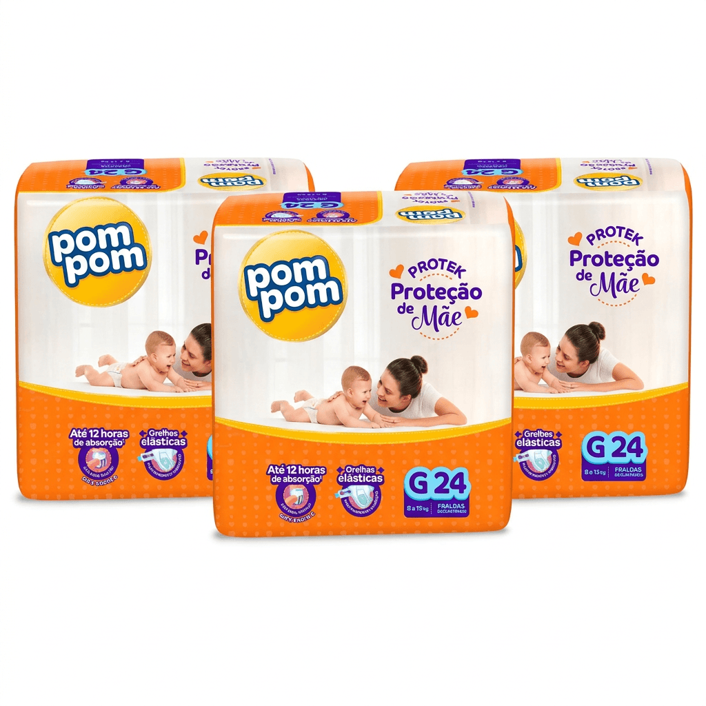 Kit Pom Pom Protek Proteção de Mãe Fralda Descartável G 3 Pacotes 24 Uni Cada