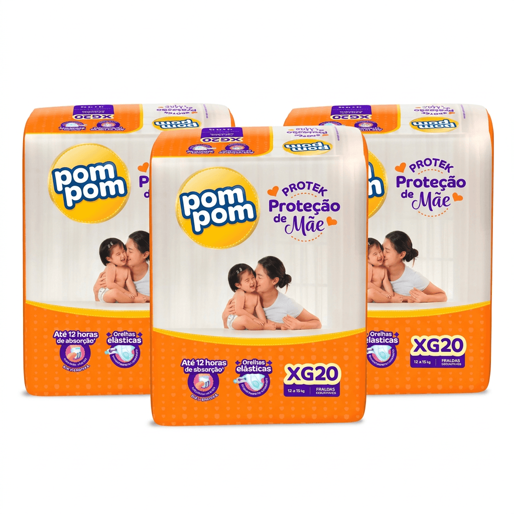 Kit Pom Pom Protek Proteção de Mãe Fralda Descartável XG 3 Pacotes 20 Uni Cada