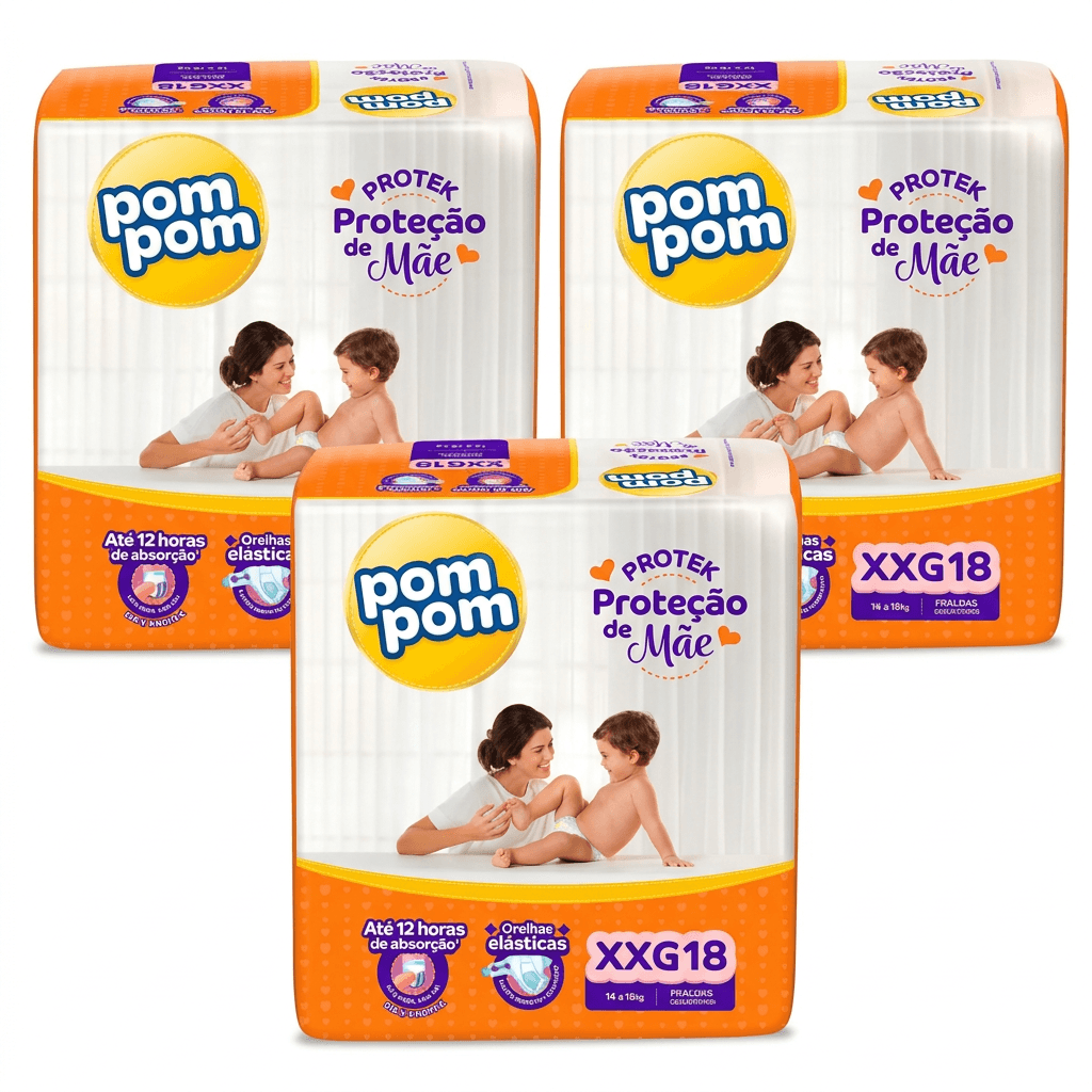 Kit Pom Pom Protek Proteção de Mãe Fralda Descartável XXG 3 Pacotes 18 Uni Cada