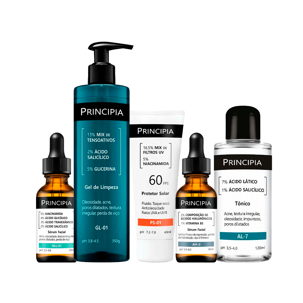 Kit Principia Sérum Facial Principia Mix-01 30ml + Sérum Facial B5 30ml + Tônico Facial 120ml + Protetor Solar FPS60 40ml + Gel Limpeza Facial 350ml