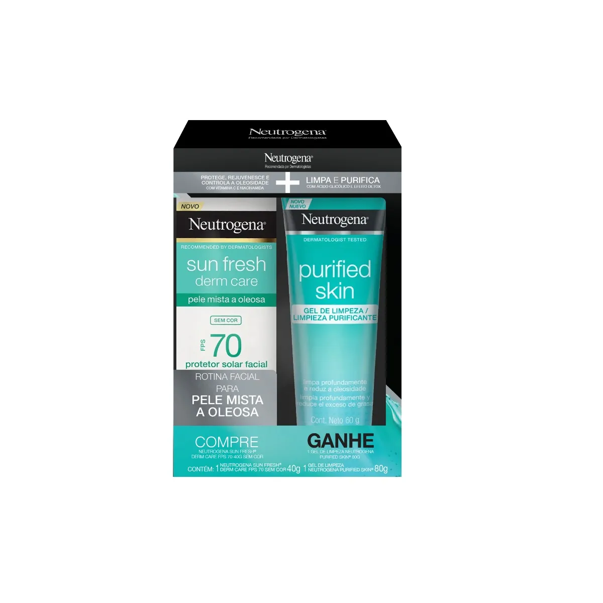 Kit Protetor Solar Facial Neutrogena Sun Fresh Derm Care FPS70 Sem Cor 40g 1 Unidade + Gel de Limpeza Neutrogena Purified Skin 60g 1 Unidade