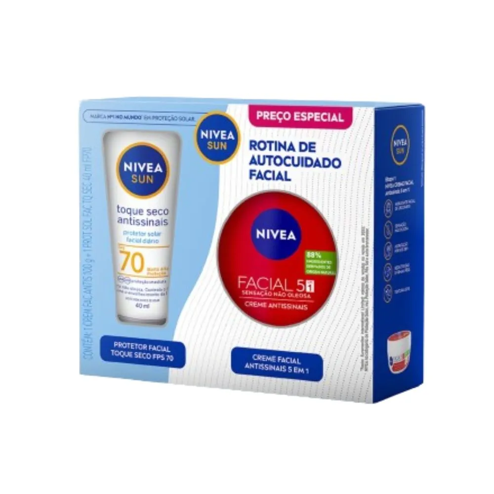Kit Protetor Solar Facial Nivea Sun Antissinais FPS70 40ml 1 Unidade + Creme Facial Antissinais Nivea 5 em 1 100g 1 Unidade