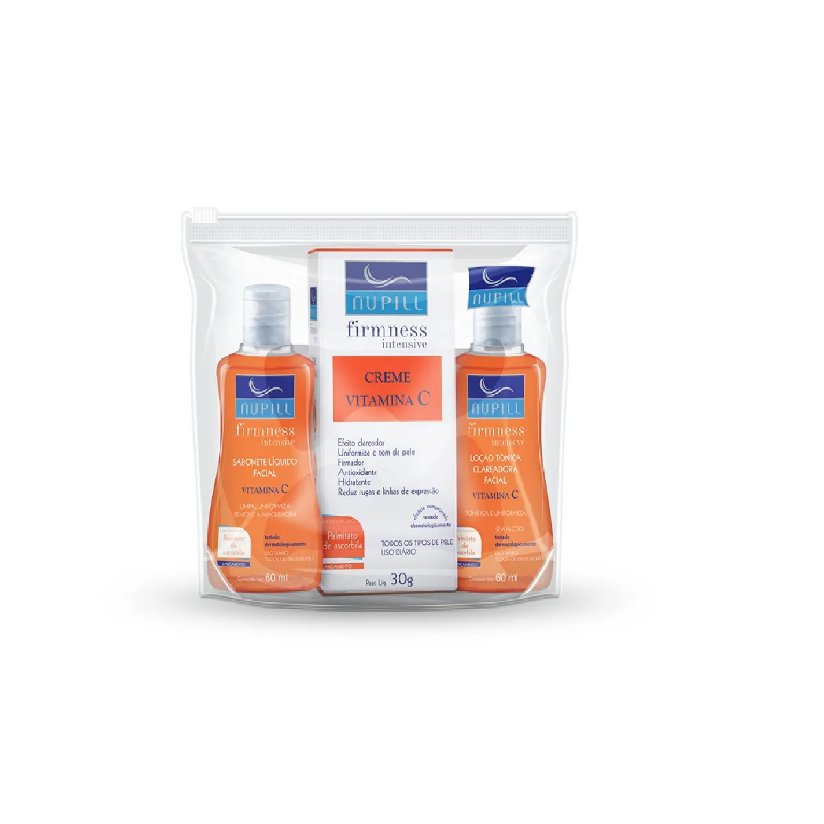 Kit Sabonete Líquido Facial Nupill Vitamina C 60ml 1 Un + Tônico Facial Nupill Vitamina C 60ml 1 Uni + Creme Facial Nupill Vitamina C 30g 1 Un